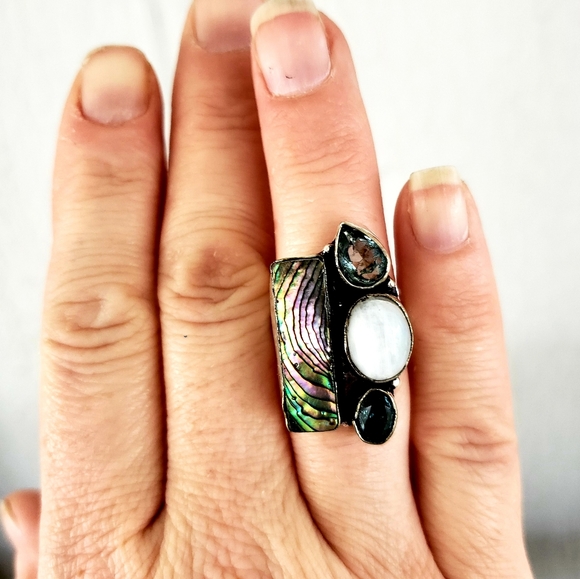 New Abalone Shell, Rainbow Moonstone, Blue Topaz 925 Silver Ring. - Picture 5 of 6